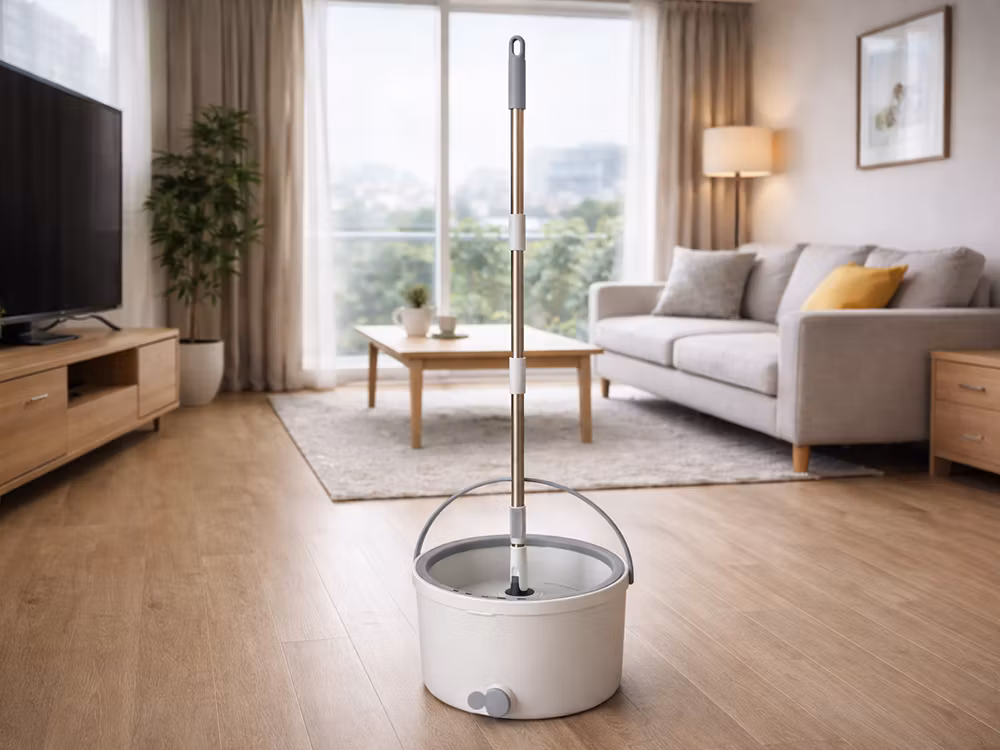 360° roterende moppe med spand og 2 mikrofiberbørster med afløb