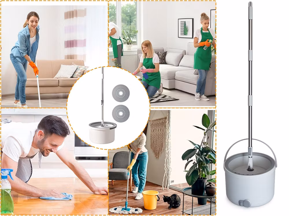 360° roterende moppe med spand og 2 mikrofiberbørster med afløb