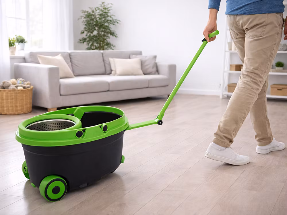 360° roterande mopp med hink på hjul – set med 2 mikrofiberrondeller