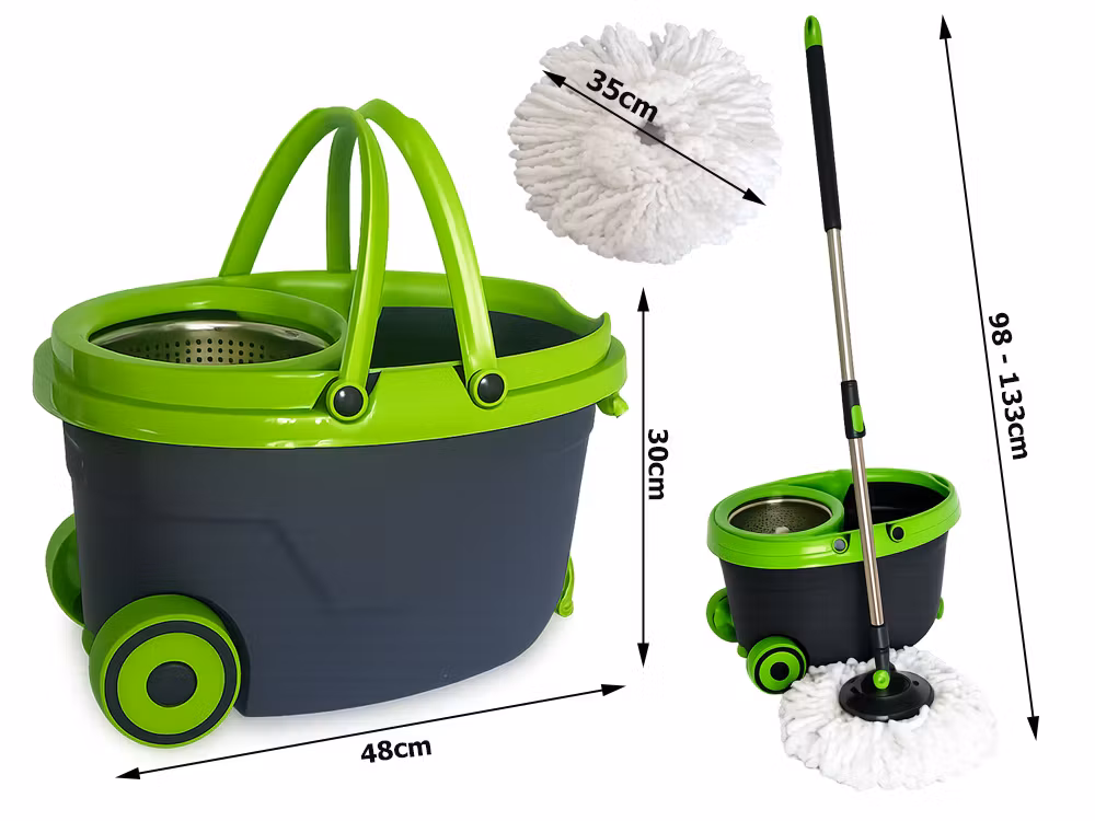 360° roterande mopp med hink på hjul – set med 2 mikrofiberrondeller