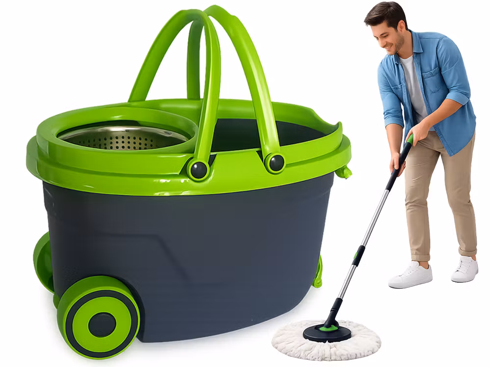 360° roterande mopp med hink på hjul – set med 2 mikrofiberrondeller