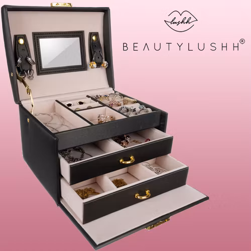 Smyckeskrin Svart Satin – Låsbart Smyckesskåp 20 Fack | BEAUTYLUSHH