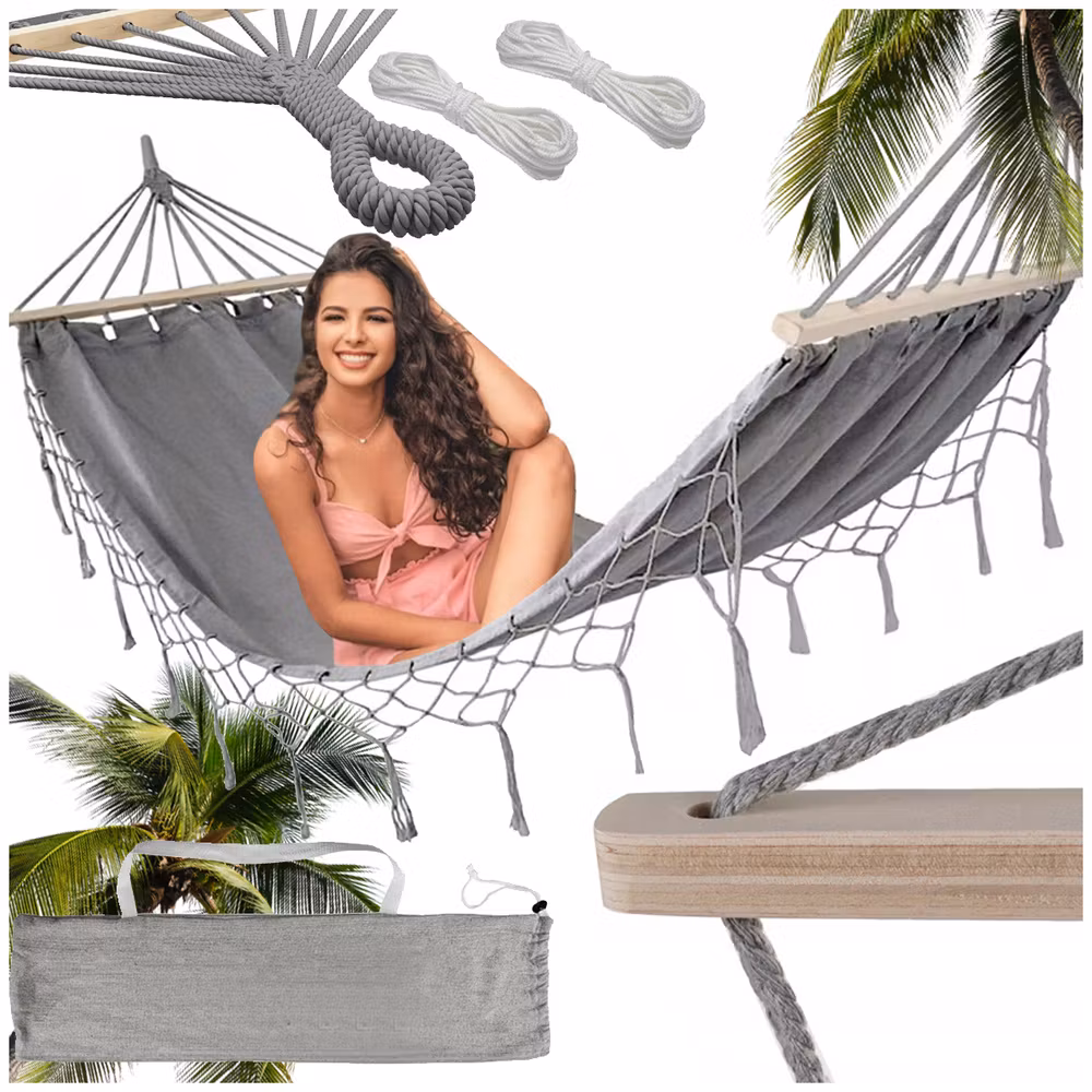 Trädgårdshängmatta turist grå tofsgunga boho väska 200 x 100cm