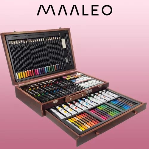 Painting set 130 pieces in a wooden case – Art set for children & adults