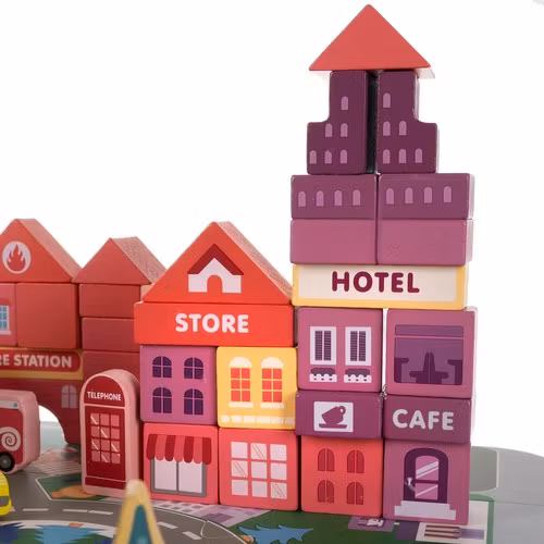Träklossar stad 100 delar – byggset med pussel & sorter för barn