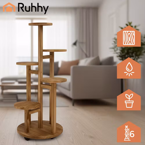 Blomsterställ i Trä 6 Hyllor – Stående Växtställ för 7 Krukor, Naturligt Trä