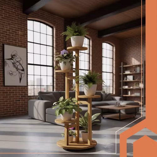 Blomsterställ i Trä 6 Hyllor – Stående Växtställ för 7 Krukor, Naturligt Trä