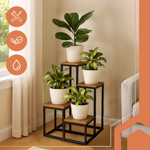 Blomsterställ Loft 4 Nivåer – Metallram & Trälook | Stabil & Hållbar