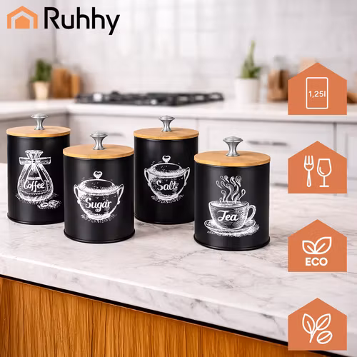 Keittiöastiasetti - Loft-tyylinen, ilmatiiviillä kansilla kahville, teelle, sokerille ja suolalle