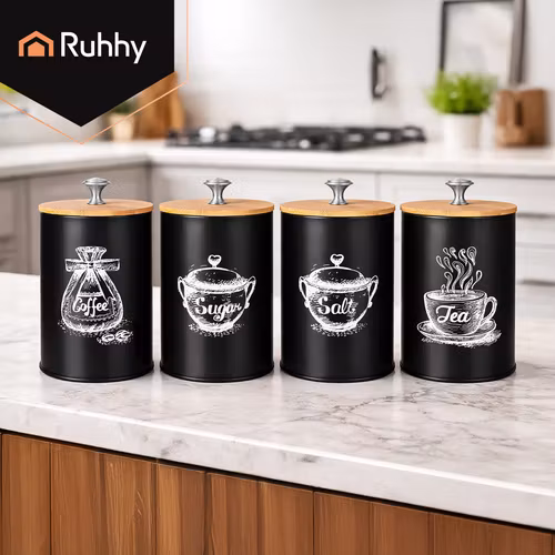 Keittiöastiasetti - Loft-tyylinen, ilmatiiviillä kansilla kahville, teelle, sokerille ja suolalle