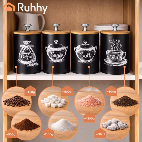 Keittiöastiasetti - Loft-tyylinen, ilmatiiviillä kansilla kahville, teelle, sokerille ja suolalle