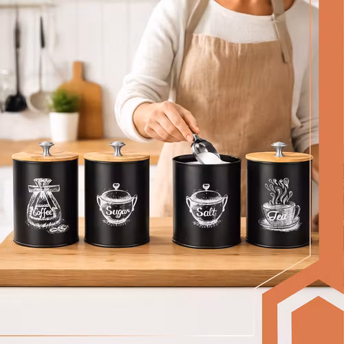Keittiöastiasetti - Loft-tyylinen, ilmatiiviillä kansilla kahville, teelle, sokerille ja suolalle