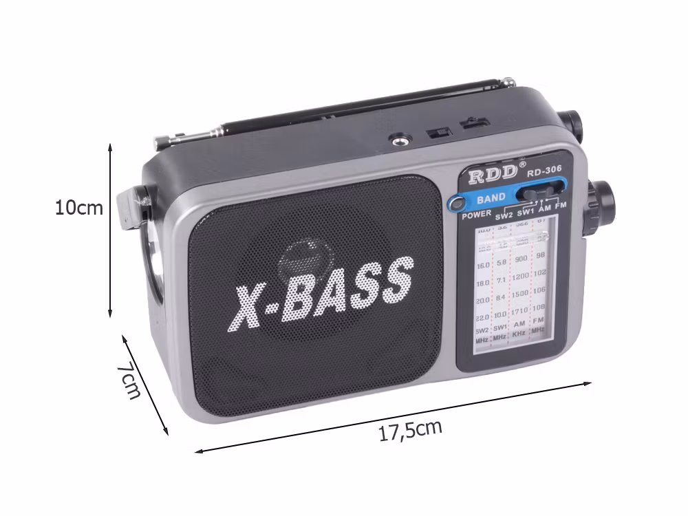 Bärbar radio FM/AM/SW med ficklampa – RDD RD-306 X-BASS -Grå