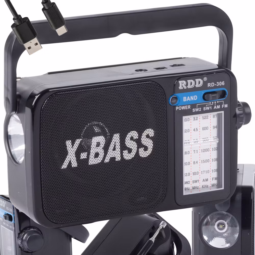 Bärbar radio FM/AM/SW med ficklampa – RDD RD-306 X-BASS -Svart