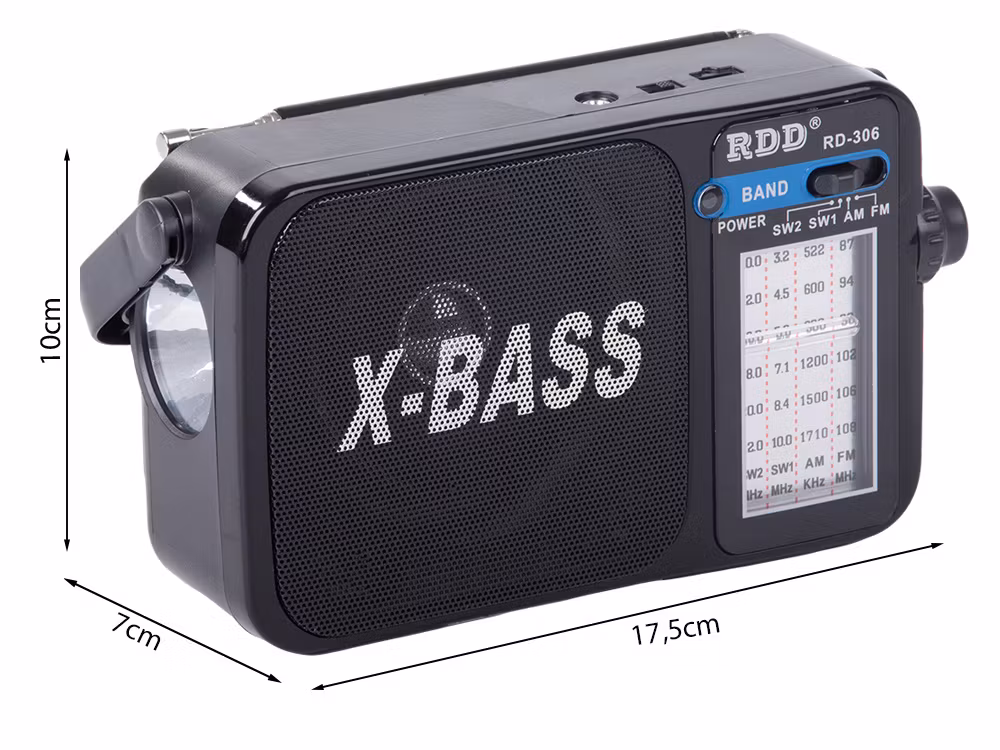 Bärbar radio FM/AM/SW med ficklampa – RDD RD-306 X-BASS -Svart