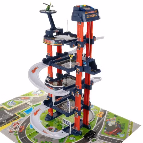 Parkeringsgarage leksak 4 våningar – med hiss, ljus & ljud