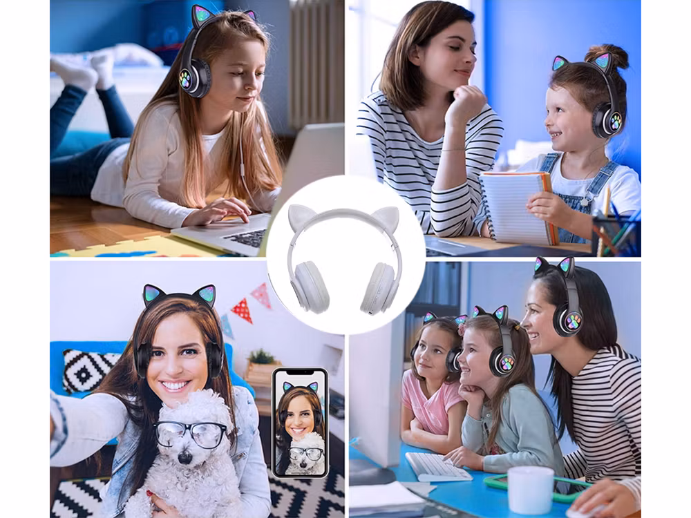 Bluetooth Hörlurar Kattöron LED Vit | Trådlösa FM & MP3