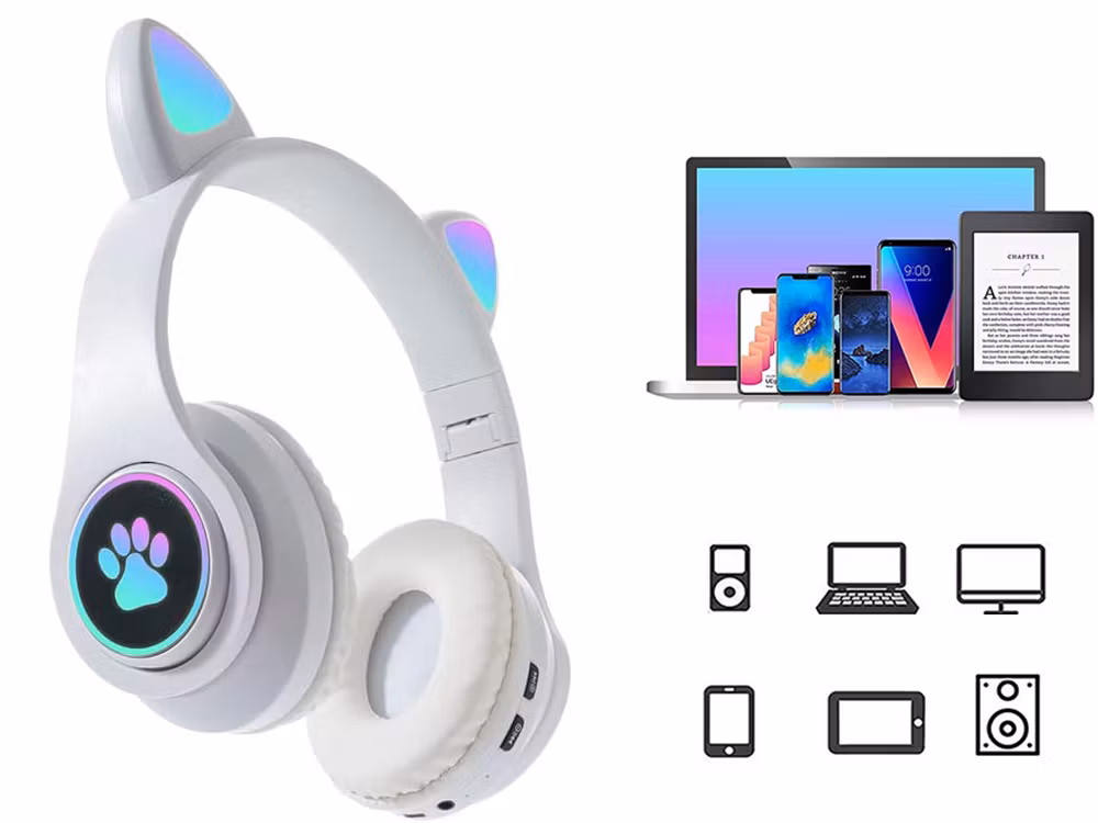 Bluetooth Hörlurar Kattöron LED Vit | Trådlösa FM & MP3