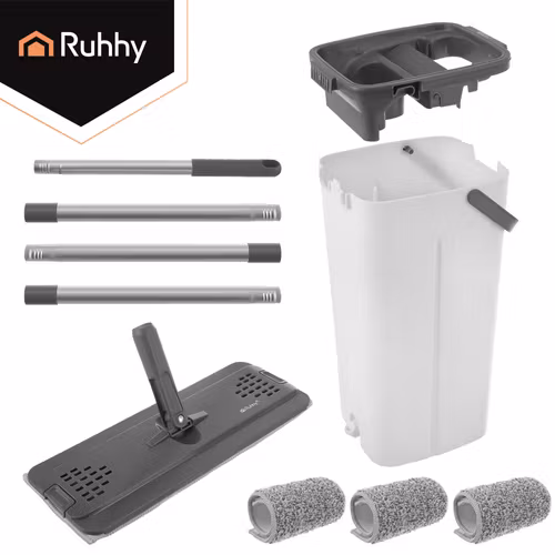 Platt mopp med hink 8,5L – RUHHY tvåkammars system + 3 moppar