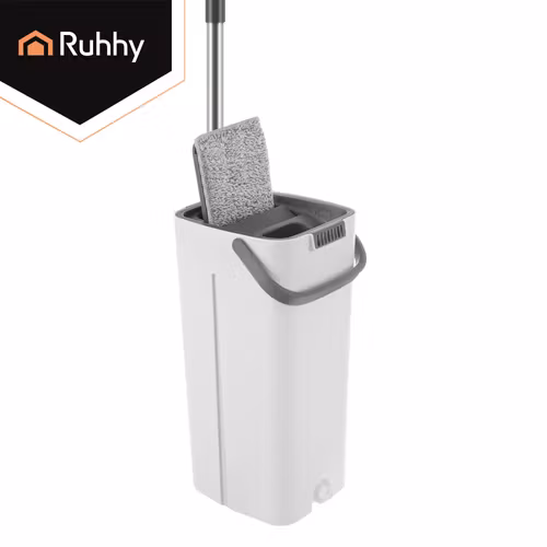 Platt mopp med hink 8,5L – RUHHY tvåkammars system + 3 moppar