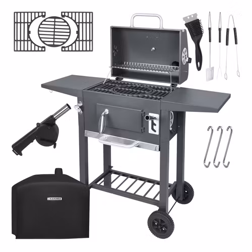 Kolgrill med lock och termometer – KAMINER grill med gjutjärnsgaller