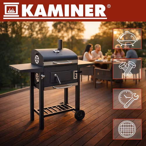 Kolgrill med lock och termometer – KAMINER grill med gjutjärnsgaller