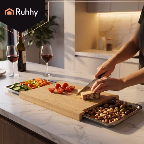 Skärbräda bambu med behållare – köksbräda