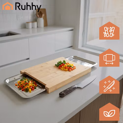 Skärbräda bambu med behållare – köksbräda