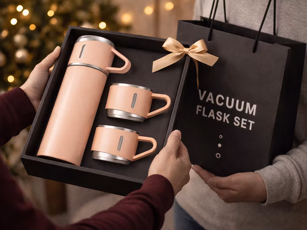 Termos 400 ml med 3 muggar – rostfri & resevänlig -ROSA