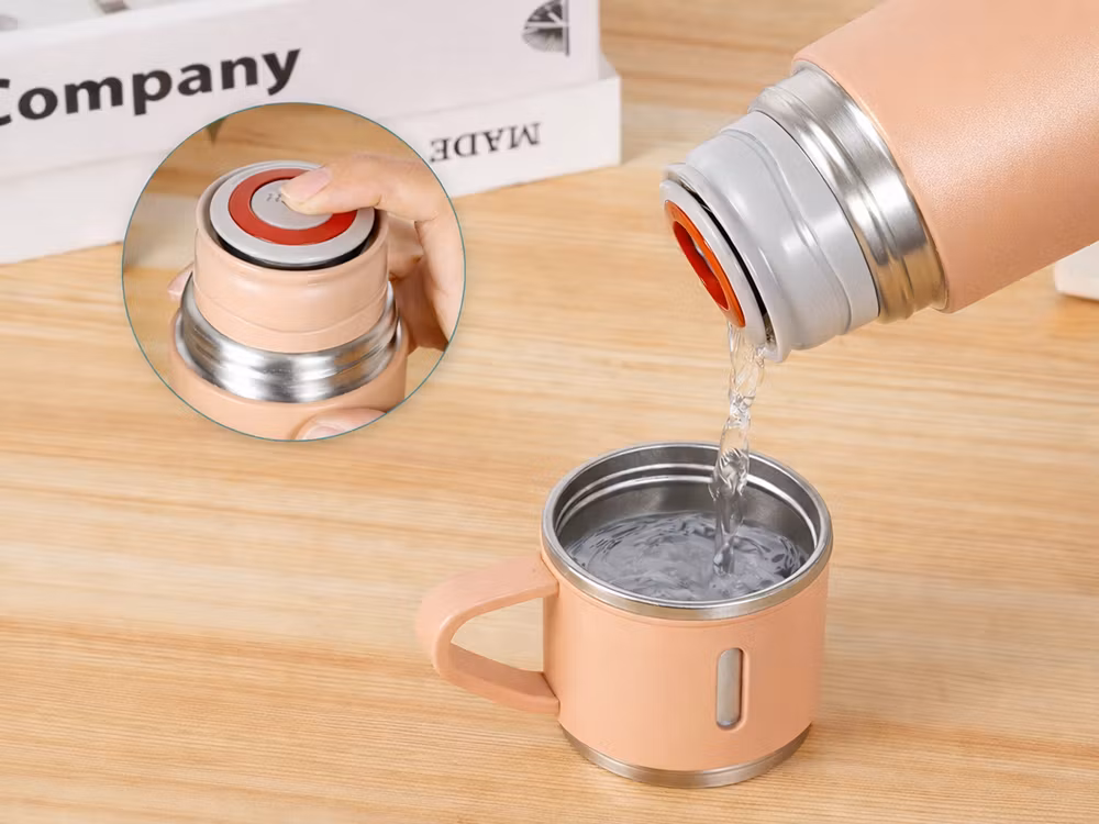 Termos 400 ml med 3 muggar – rostfri & resevänlig -ROSA