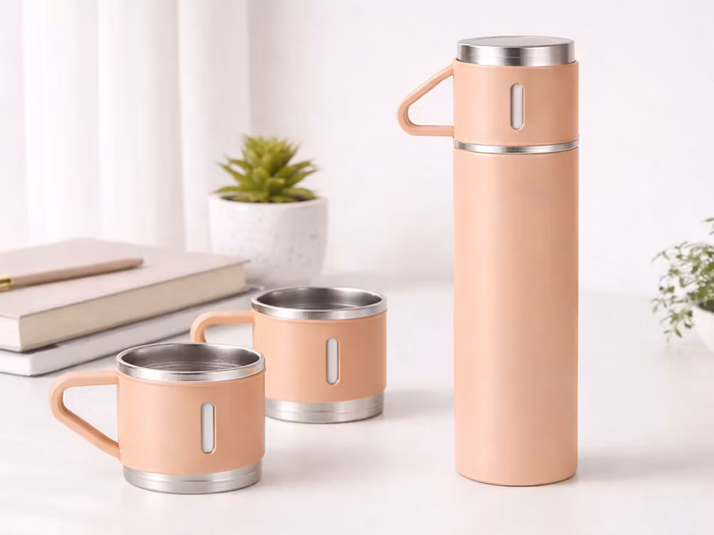 Termos 400 ml med 3 muggar – rostfri & resevänlig -ROSA