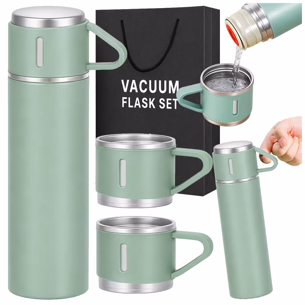 Termos 400 ml med 3 muggar – rostfri termos grön