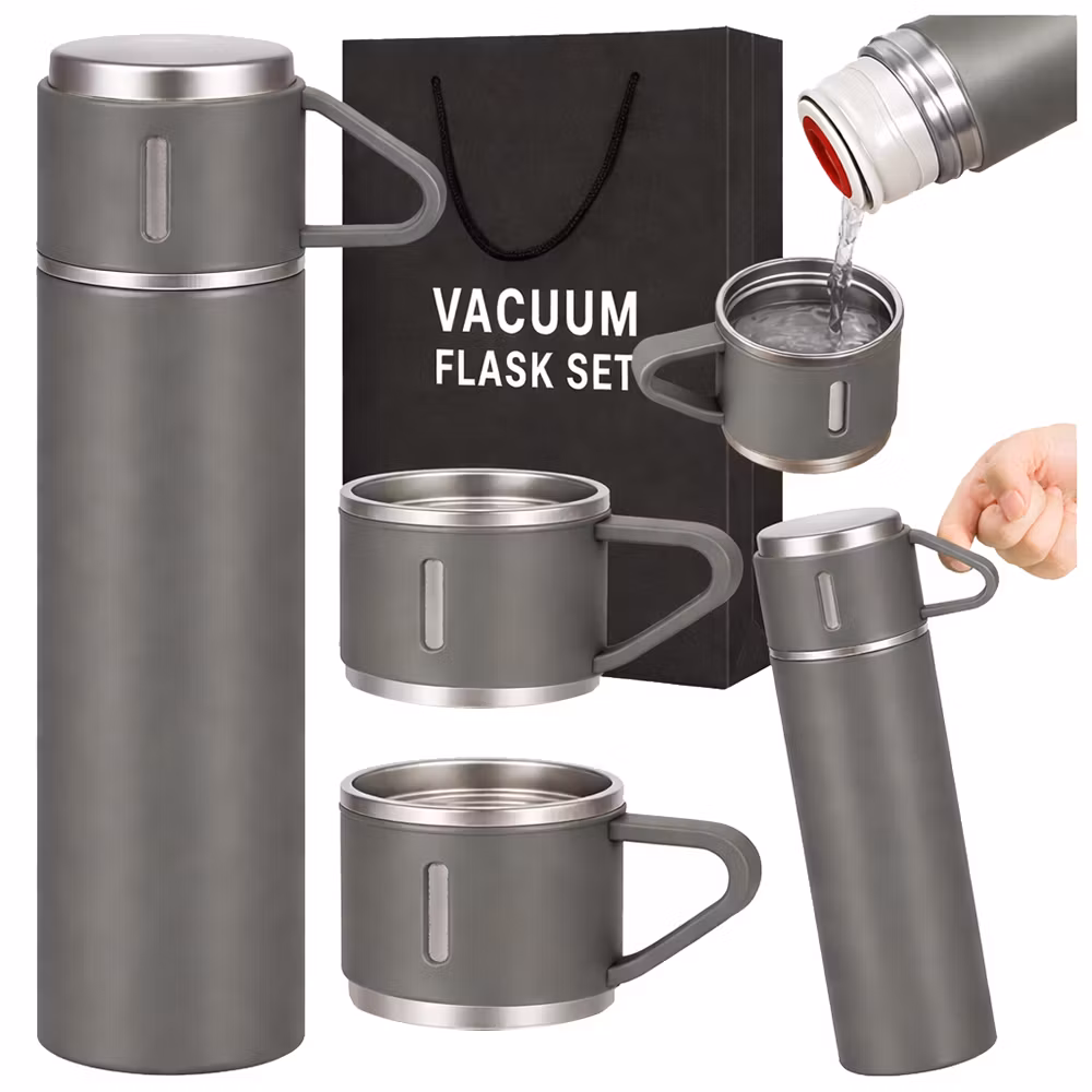 Termos 400 ml med 3 muggar – rostfri termos grå