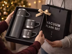 Termokande 400 ml med 3 krus - termokande i rustfrit stål, grå