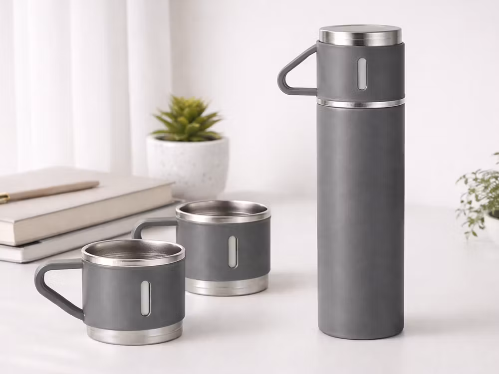 Termos 400 ml med 3 muggar – rostfri termos grå