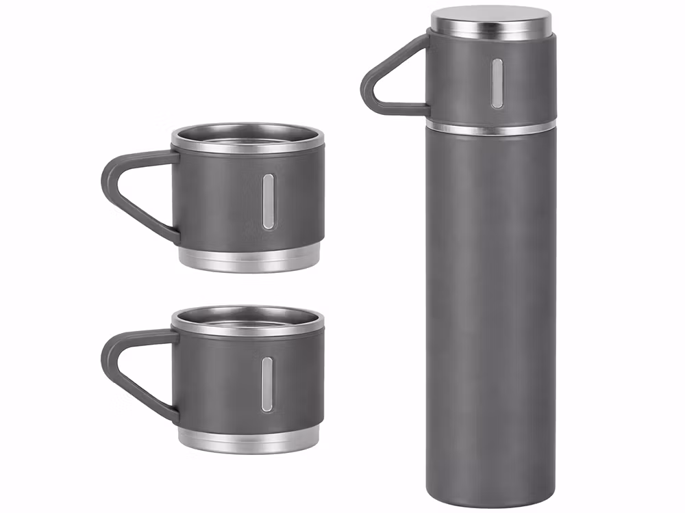 Termos 400 ml med 3 muggar – rostfri termos grå