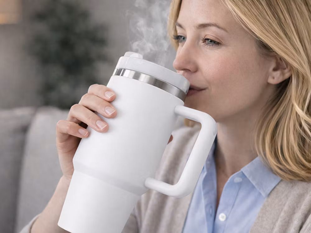 Termosmugg 1,2L med sugrör – stor termos med handtag - vit