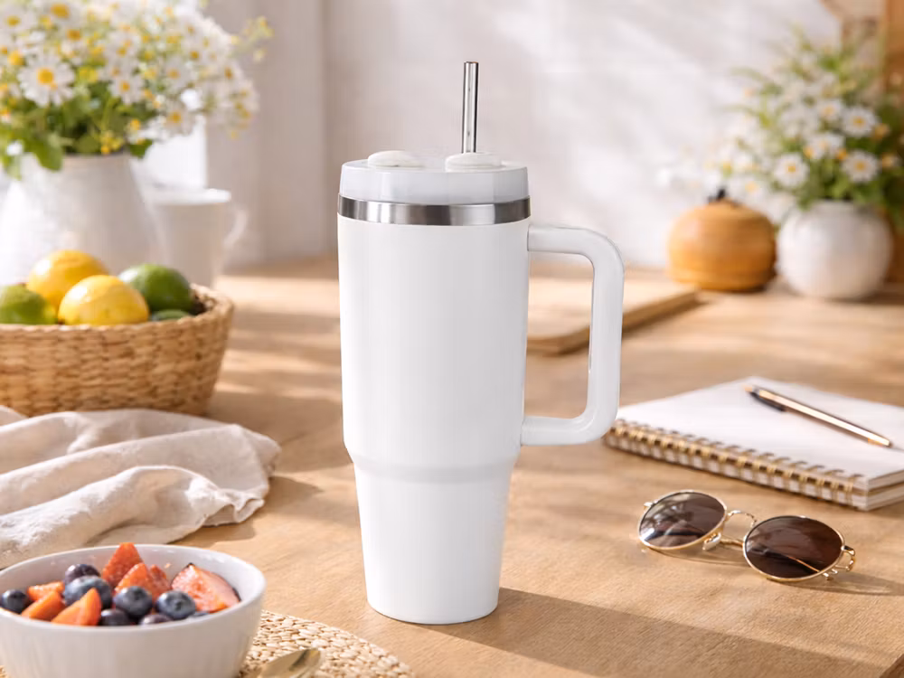 Termosmugg 1,2L med sugrör – stor termos med handtag - vit