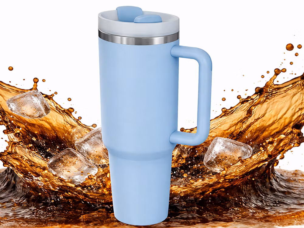 Termosmugg 1,2L blå – stor termos med sugrör & handtag