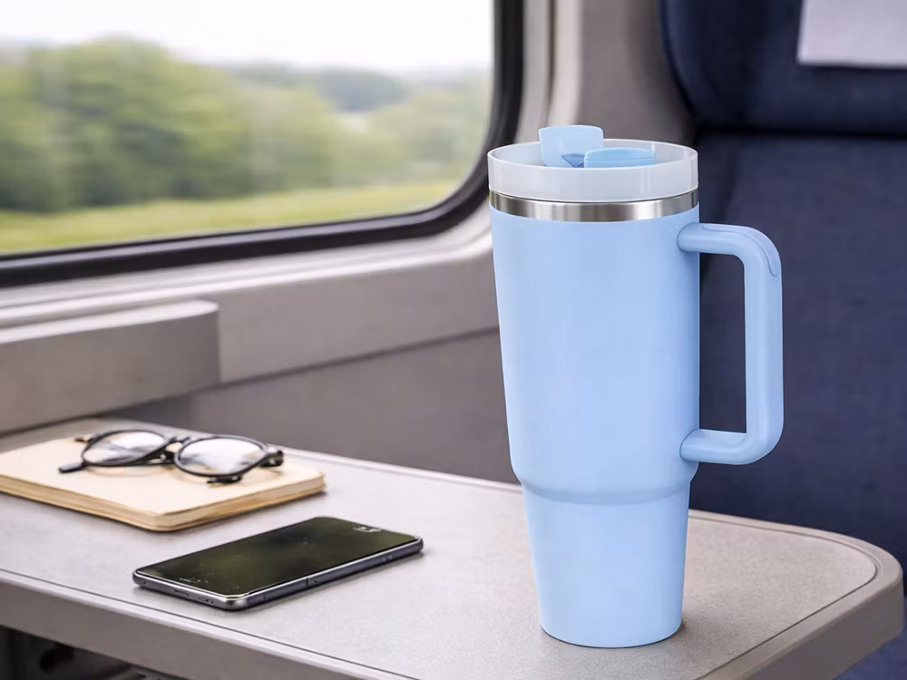 Termosmugg 1,2L blå – stor termos med sugrör & handtag