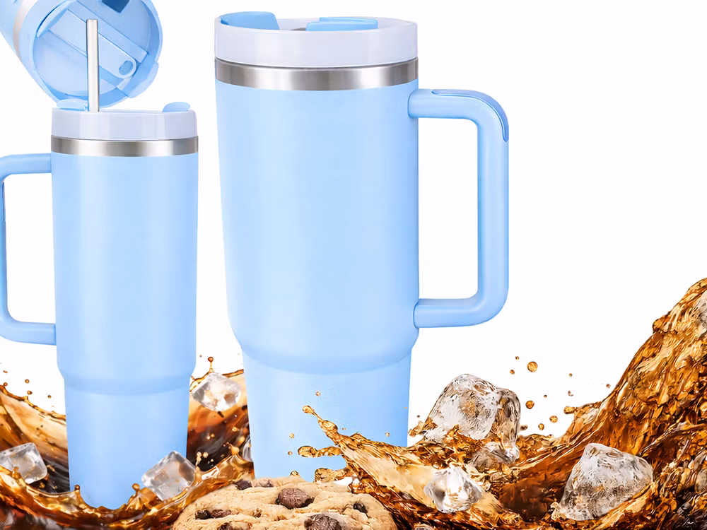 Termosmugg 1,2L blå – stor termos med sugrör & handtag