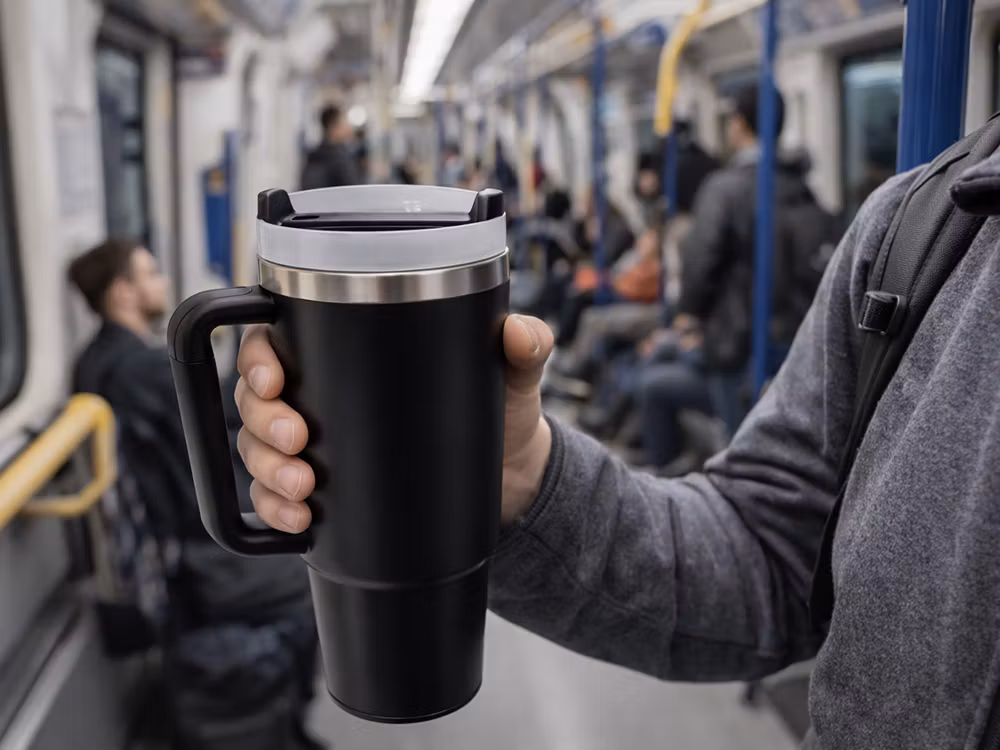 Termosmugg 1,2L svart – stor termos med sugrör & handtag