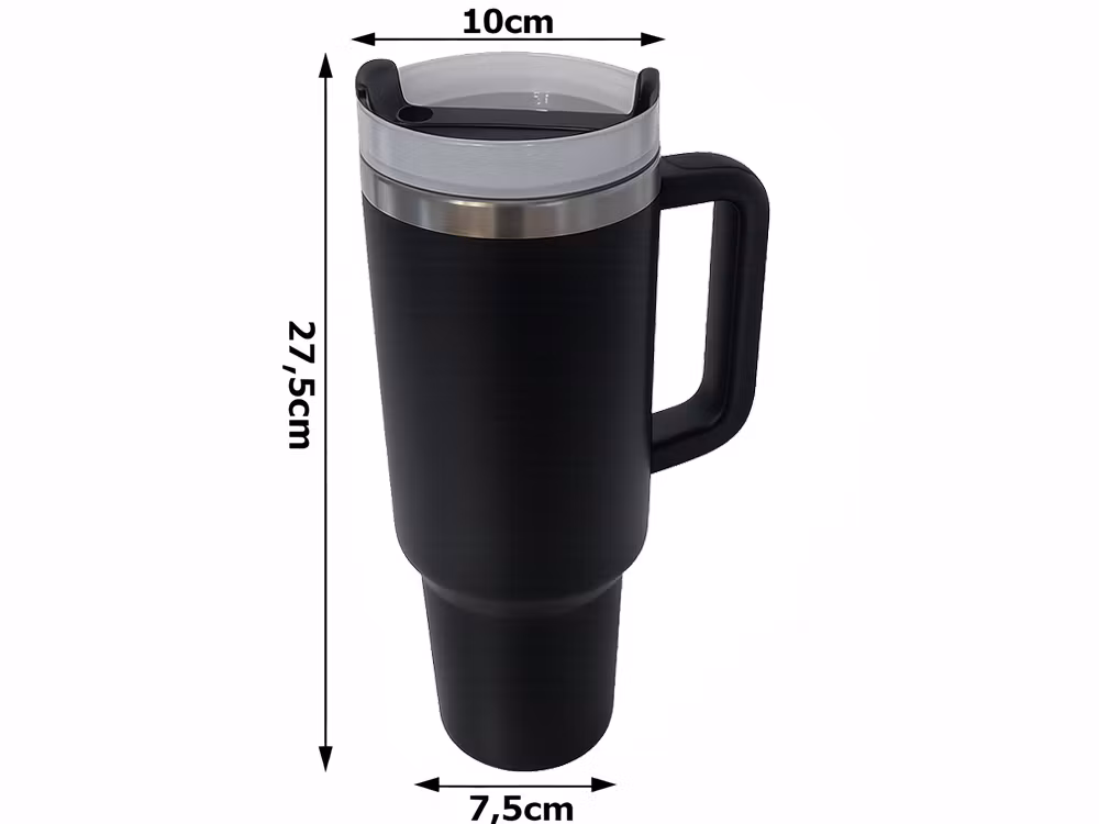 Termosmugg 1,2L svart – stor termos med sugrör & handtag