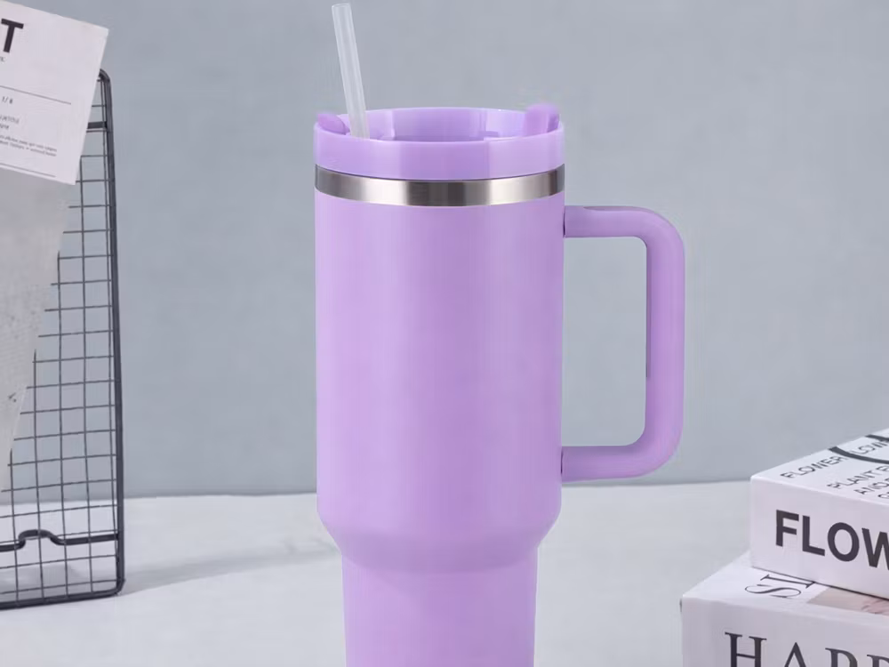 Termosmugg 1,2L lila – stor termos med sugrör & handtag