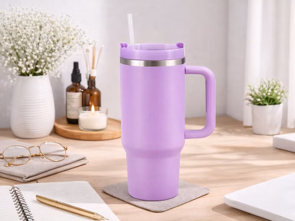 Termosmugg 1,2L lila – stor termos med sugrör & handtag