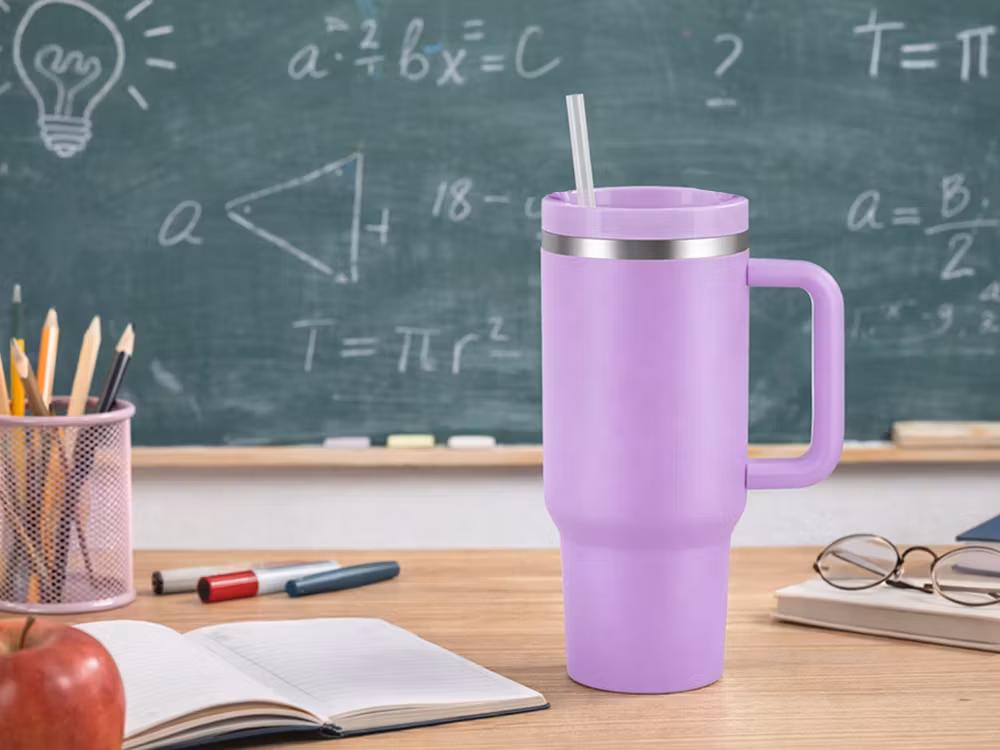 Termosmugg 1,2L lila – stor termos med sugrör & handtag