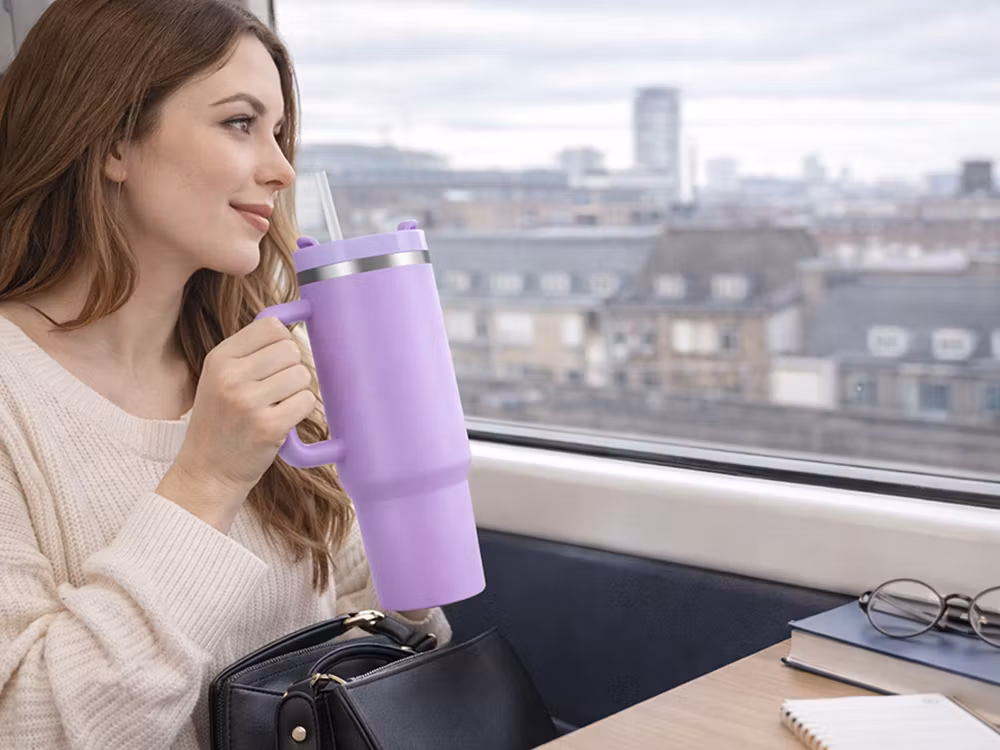 Termosmugg 1,2L lila – stor termos med sugrör & handtag