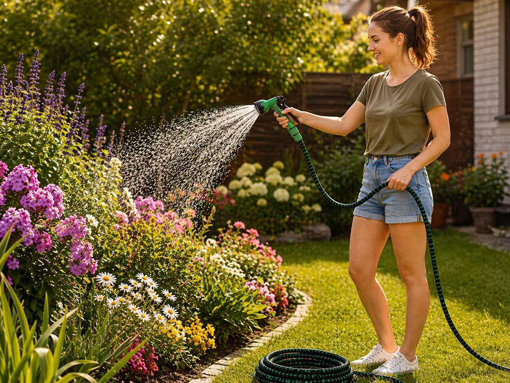 Expanderbar trädgårdsslang 15m – flexibel slang med munstycke