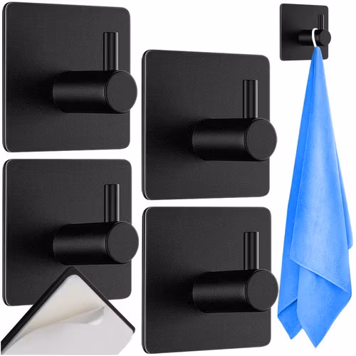 Handdukshängare svart – självhäftande krokar badrum 4-pack