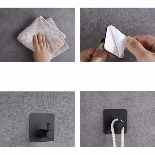 Handdukshängare svart – självhäftande krokar badrum 4-pack